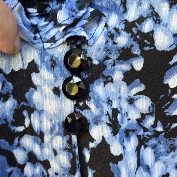 Alex Evenings •Blue/Black Floral, 3/4 Sleeve,Collared Evening Blouse SzLG - Picture 8 of 13